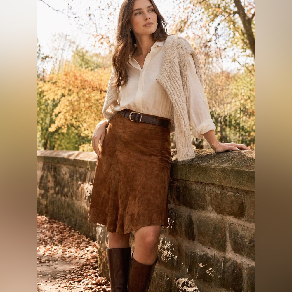 Vintage Le Château Brown Suede Midi Skirt Asymmetrical Hem Western Boho 7/8